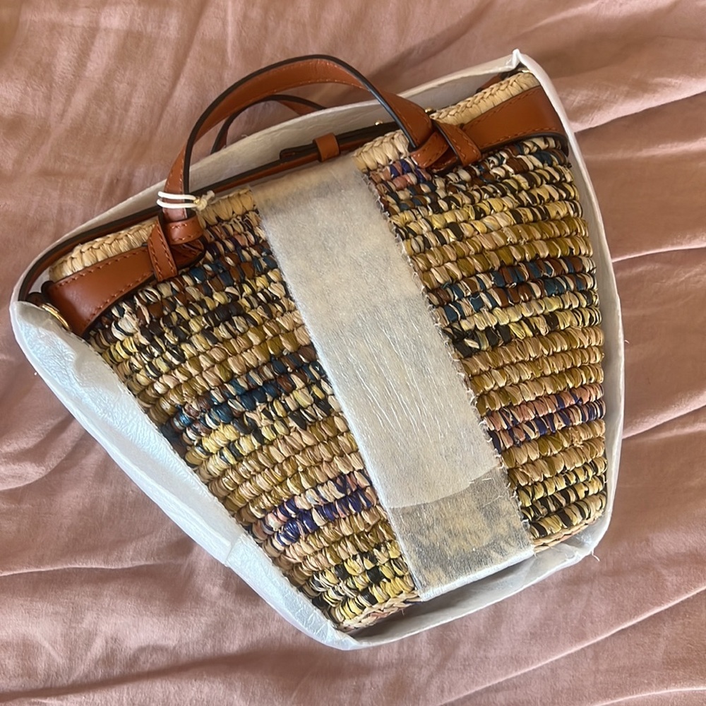 Ulla Johnson Multicolor Woven Straw Tote with Tan Leather Trim - Picture 6 of 8